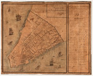 Tämä New Yorkin kaupungin suunnitelma (vuonna 1745 pystytettyjen palisadien sisällä) tehtiin vuonna 1745 tapahtuneen suuren tulipalon etenemisen ja laajuuden osoittamiseksi. tekijältä David Grim
